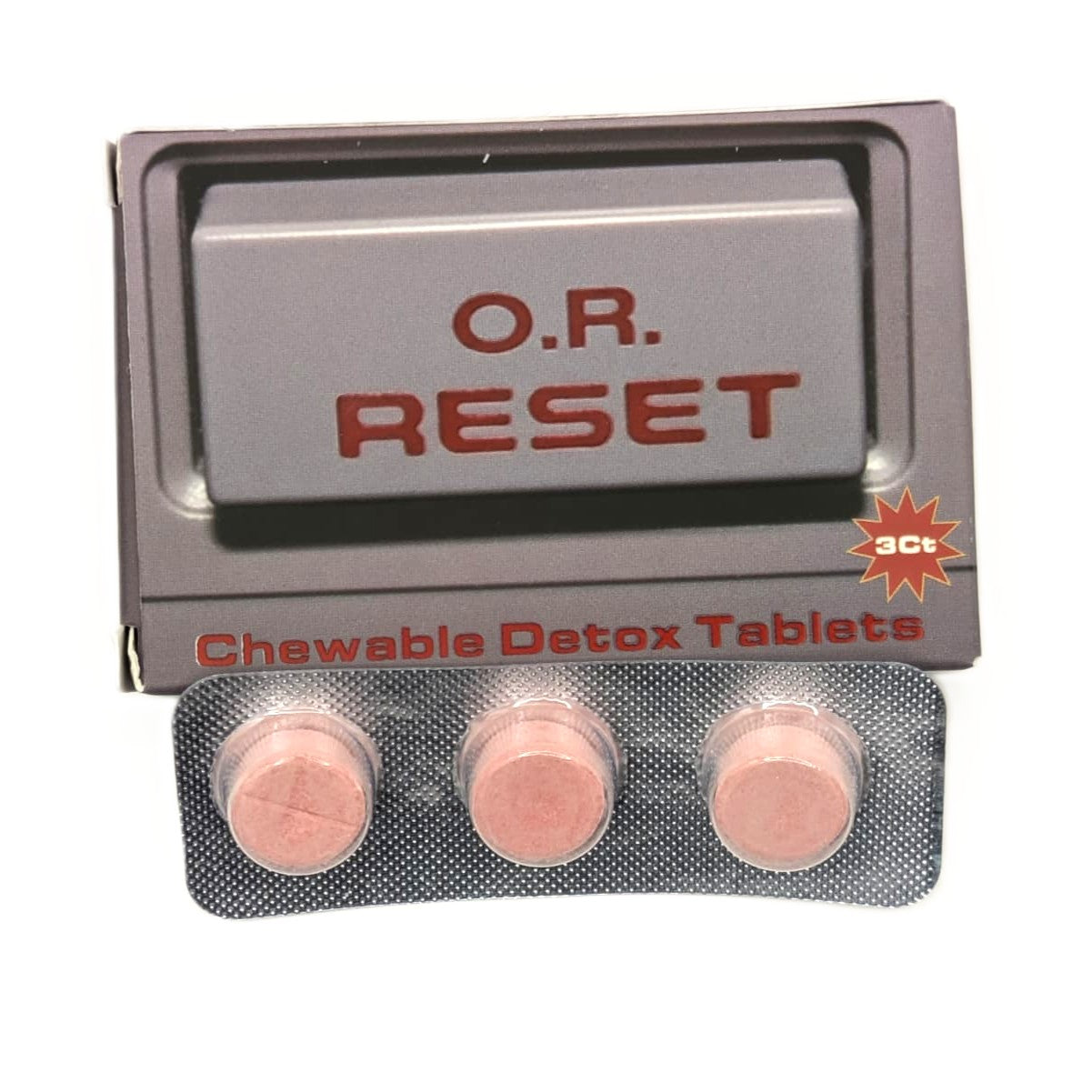 Pack of chewable detox tablets with 'O.R. Reset' branding on a white background