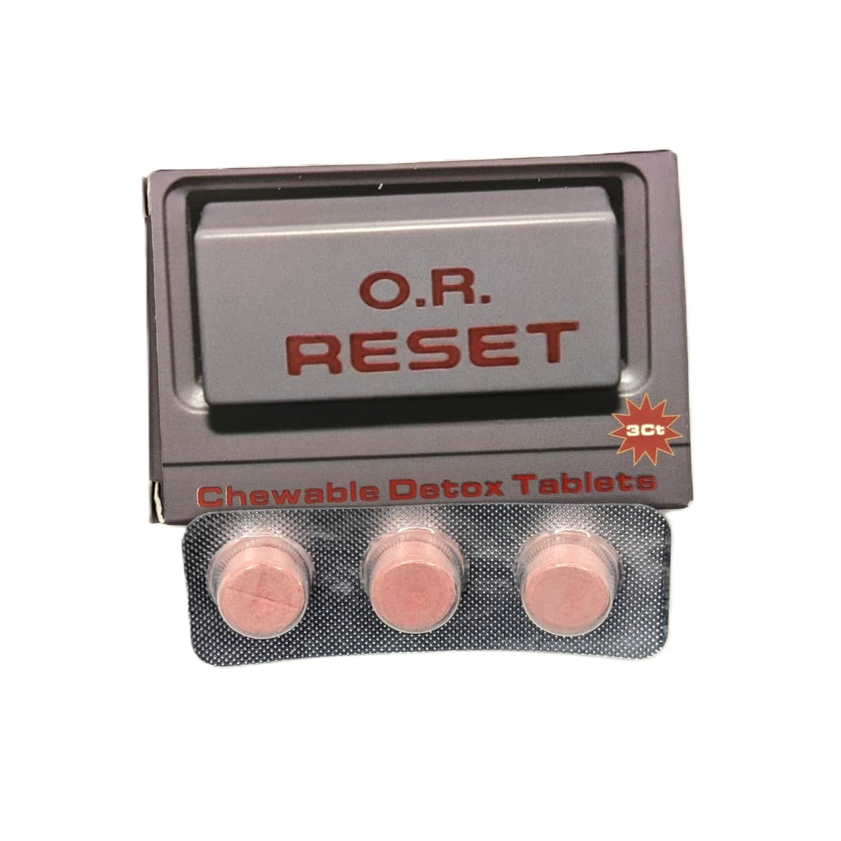 Pack of O.R. Reset chewable detox tablets on a white background