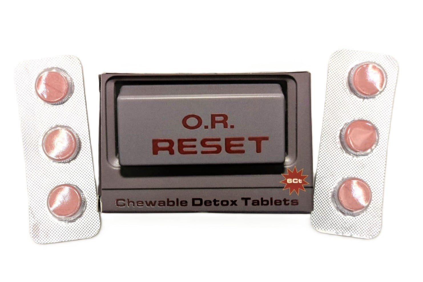 Chewable detox tablets packaging with 'O.R. Reset' branding on a white background