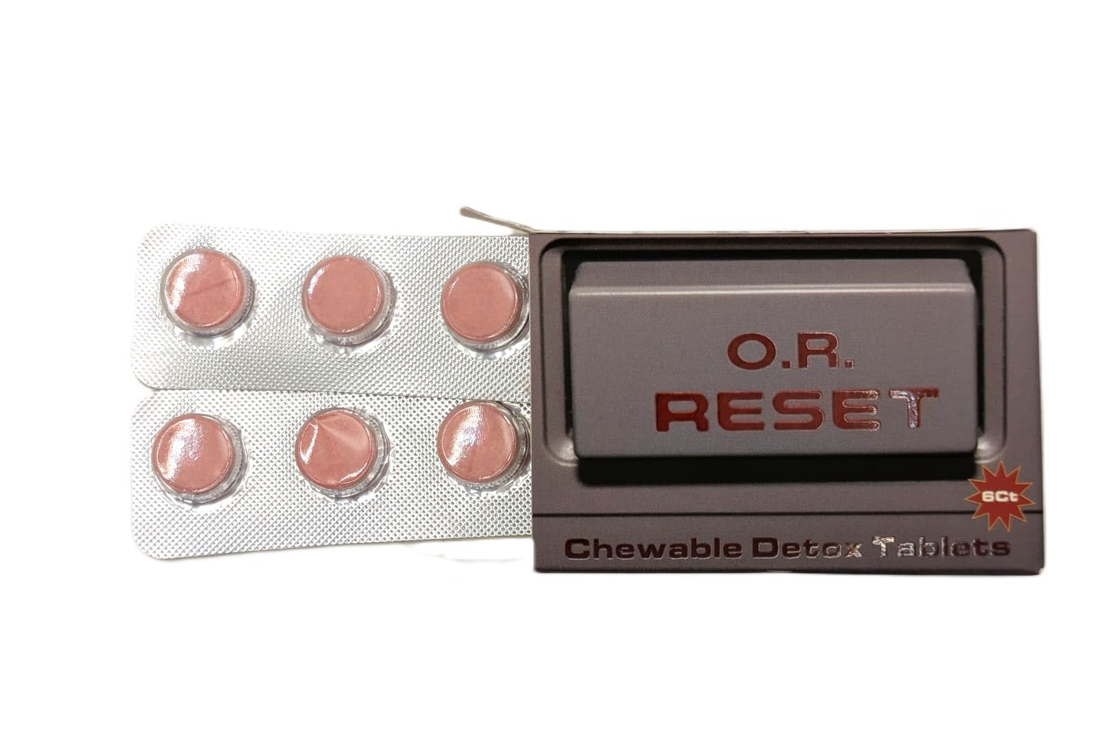 O.R. Reset chewable detox tablets packaging with tablets on a white background