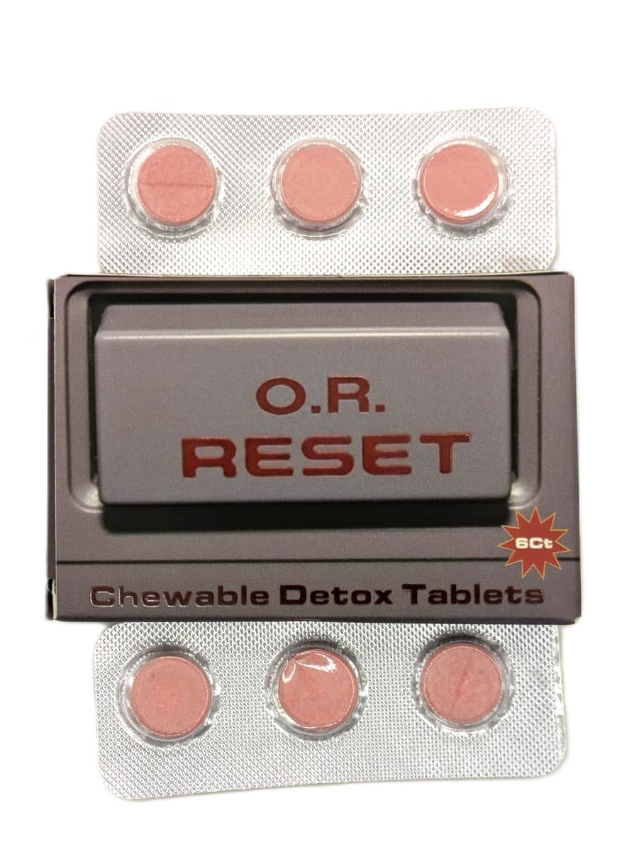 Pack of O.R. Reset chewable detox tablets on a white background