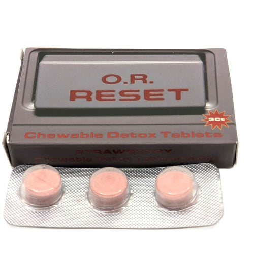 O.R. Reset chewable detox tablets packaging with three pink tablets on a white background