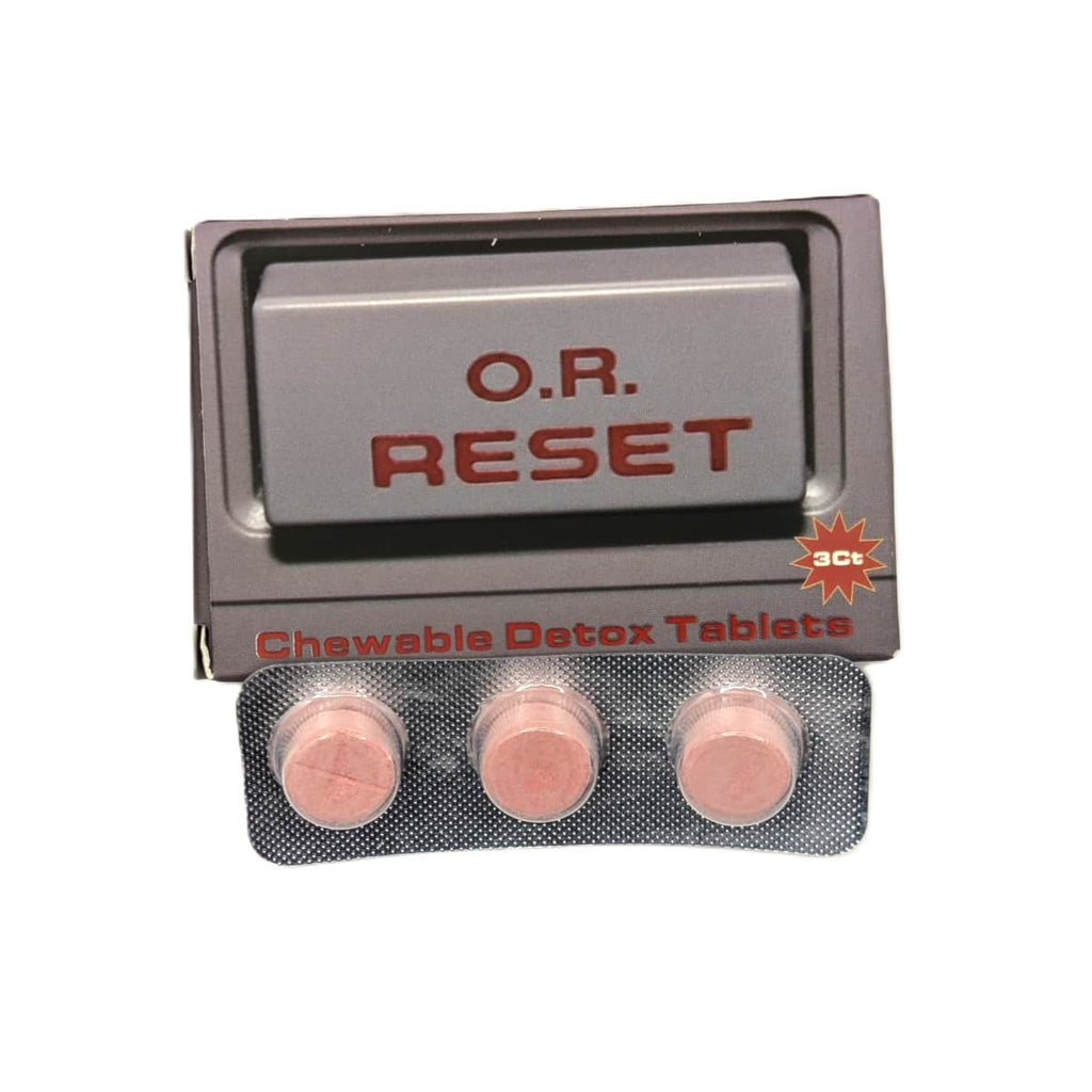 Pack of O.R. Reset chewable detox tablets on a white background
